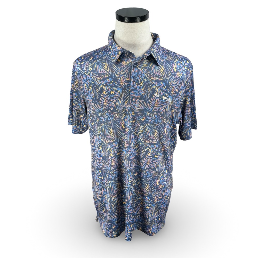 Columbia PFG Mens Blue Tropical Fish Palm Print Performance Polo Shirt Medium